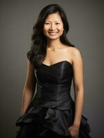 Smiling young woman of Asian descent dressed in elegant dress AI Generative photo