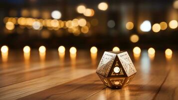 Dreidel spinning on wood floor with blurred lights photo