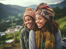 dos amigos participación un gorro y sonriente foto