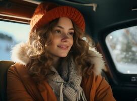 girl sitting in car enjoying winter outdoors photo