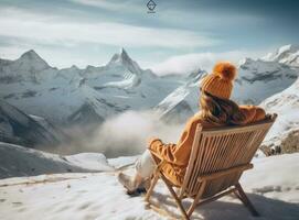 girl looking at beautiful snowy mountains photo