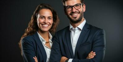 un atractivo negocio Pareja en negocio trajes en pie sonriente y posando para el cámara foto