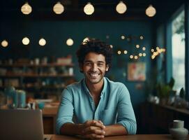 un sonriente mujer contento en el oficina, en el estilo de polca puntos foto