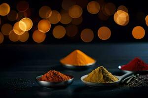 spices in bowls on a table with bokeh lights. AI-Generated photo