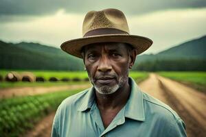 un hombre en un sombrero soportes en un campo. generado por ai foto