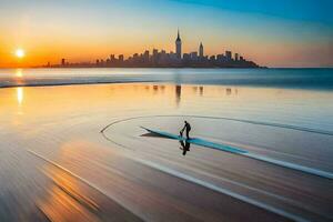un hombre es en pie en un tabla de surf en el agua a puesta de sol. generado por ai foto