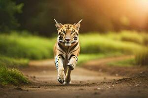 un Tigre corriendo en un suciedad la carretera. generado por ai foto