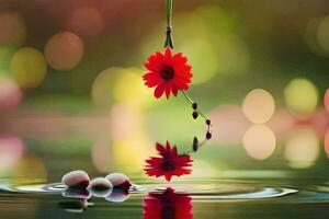 a red flower is floating in water with a small pebble. AI-Generated photo