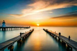 a pier with a lighthouse at sunset. AI-Generated photo