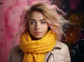 cute young woman wearing a scarf on a pink background photo