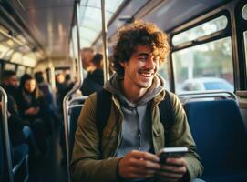 young man with headphones playing music on a phone at bus shelter in street photo