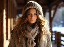 beautiful winter woman standing on a wooden porch photo