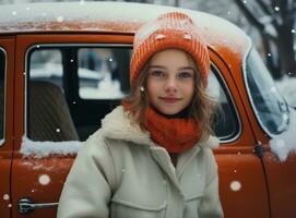 girl sitting in car enjoying winter outdoors photo