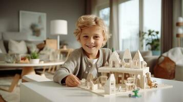 father and son are playing with bricks and blocks photo