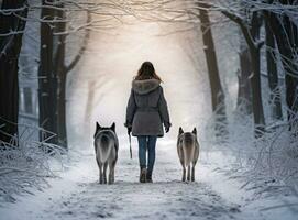 persona caminando su perro en un bosque en nieve foto