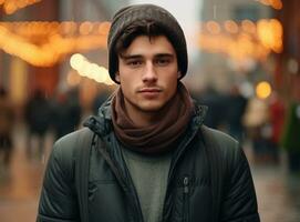 young man in winter and scarves on blue background with snow falling from the sky photo