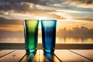 two colorful glasses sit on a wooden table in front of a city skyline. AI-Generated photo