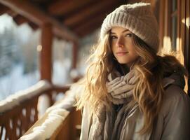 hermosa invierno mujer en pie en un de madera porche foto