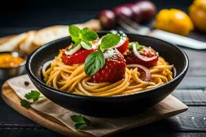 spaghetti with tomatoes and basil on a wooden table. AI-Generated photo
