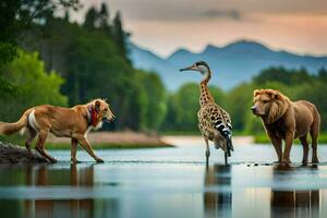 Tres animales en pie en el agua con un pájaro. generado por ai foto