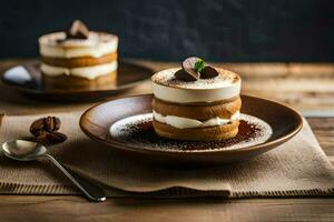 pumpkin spice latte cake with a chocolate mousse and whipped cream on a wooden table. AI-Generated photo