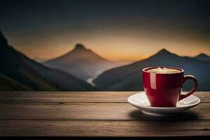coffee on the table in the mountains. AI-Generated photo