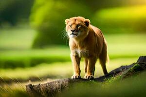 a lion standing on a log in the middle of a field. AI-Generated photo