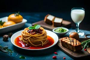 espaguetis con tomate salsa, pan, y un vaso de leche. generado por ai foto