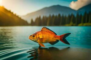 a fish is standing on the edge of a lake. AI-Generated photo