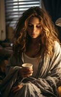 a beautiful woman holding coffee photo