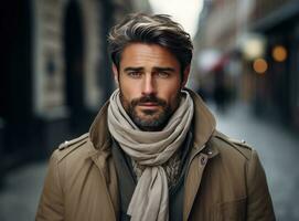 a man in a scarf and beige shirt standing in the street photo