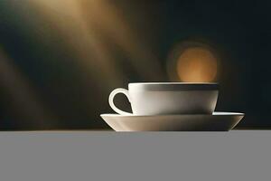 a cup and saucer on a table with sunlight. AI-Generated photo