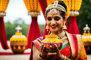 a beautiful indian bride holding a pot. AI-Generated photo