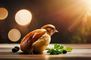 a chicken is sitting on a table with berries. AI-Generated photo