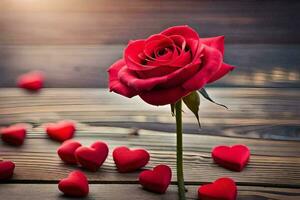 a single red rose on a wooden table surrounded by hearts. AI-Generated photo