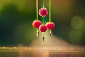 a pink flower hanging from a string. AI-Generated photo