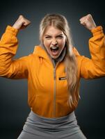 joven europeo mujer vestido en ropa de deporte claramente activo y lleno de energía ai generativo foto