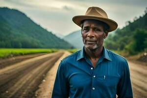 a man in a hat standing on a dirt road. AI-Generated photo