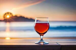 vaso de rojo vino en un de madera mesa en frente de el océano. generado por ai foto