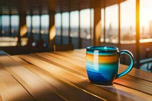 a coffee cup on a table in front of a city skyline. AI-Generated photo