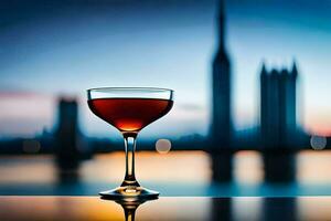 a glass of wine sitting on a table in front of a city skyline. AI-Generated photo