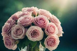 pink roses in a vase on a table. AI-Generated photo