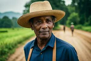 a man wearing a hat and blue shirt standing on a dirt road. AI-Generated photo