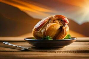 un pollo es sentado en un plato con un tenedor y cuchara. generado por ai foto