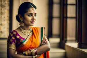 a beautiful indian woman in an orange sari. AI-Generated photo