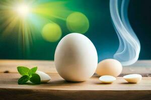 an egg and some spices on a wooden table. AI-Generated photo