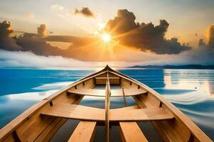 un barco es flotante en el agua a puesta de sol. generado por ai foto