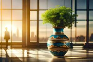 a vase with a plant in it sitting in front of a window. AI-Generated photo