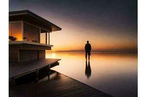 un hombre en pie en un muelle a puesta de sol. generado por ai foto