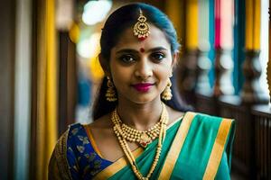 a beautiful indian woman wearing a traditional sari. AI-Generated photo